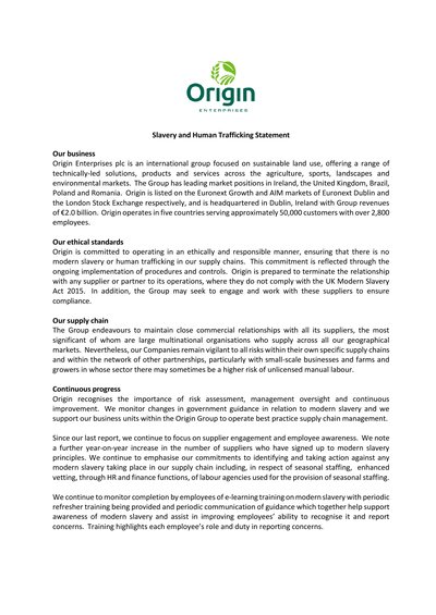 Origin Enterprises PLC 2025 Slavery and Human Trafficking Statement