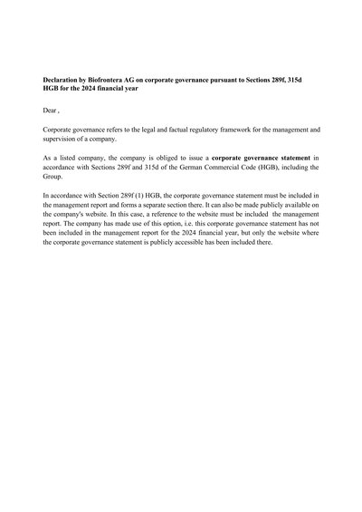 Biofrontera AG 2024 Declaration on Corporate Governance