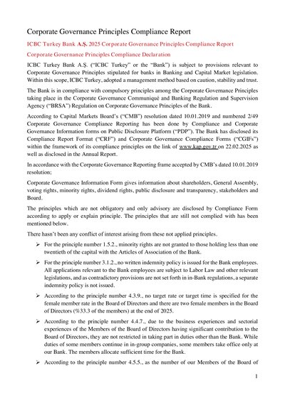 ICBC Turkey Bank AS 2025 Corporate Governance Principles Compliance Report