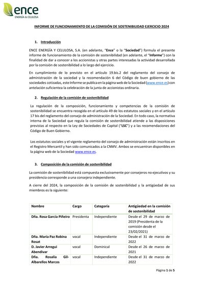 ENCE Energia y Celulosa SA 2024 Report on the Operation of the Sustainability Committee