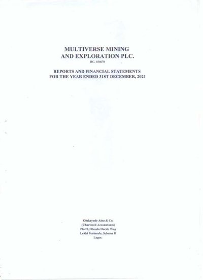 Multiverse Mining and Exploration PLC 2021 Reports and Financial Statements