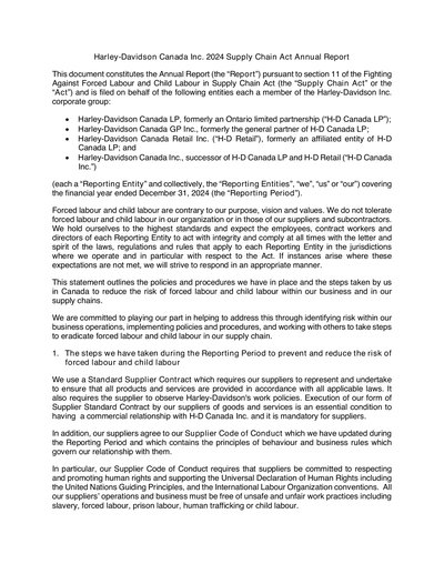 Harley-Davidson Inc 2024 Supply Chain Act Annual Report